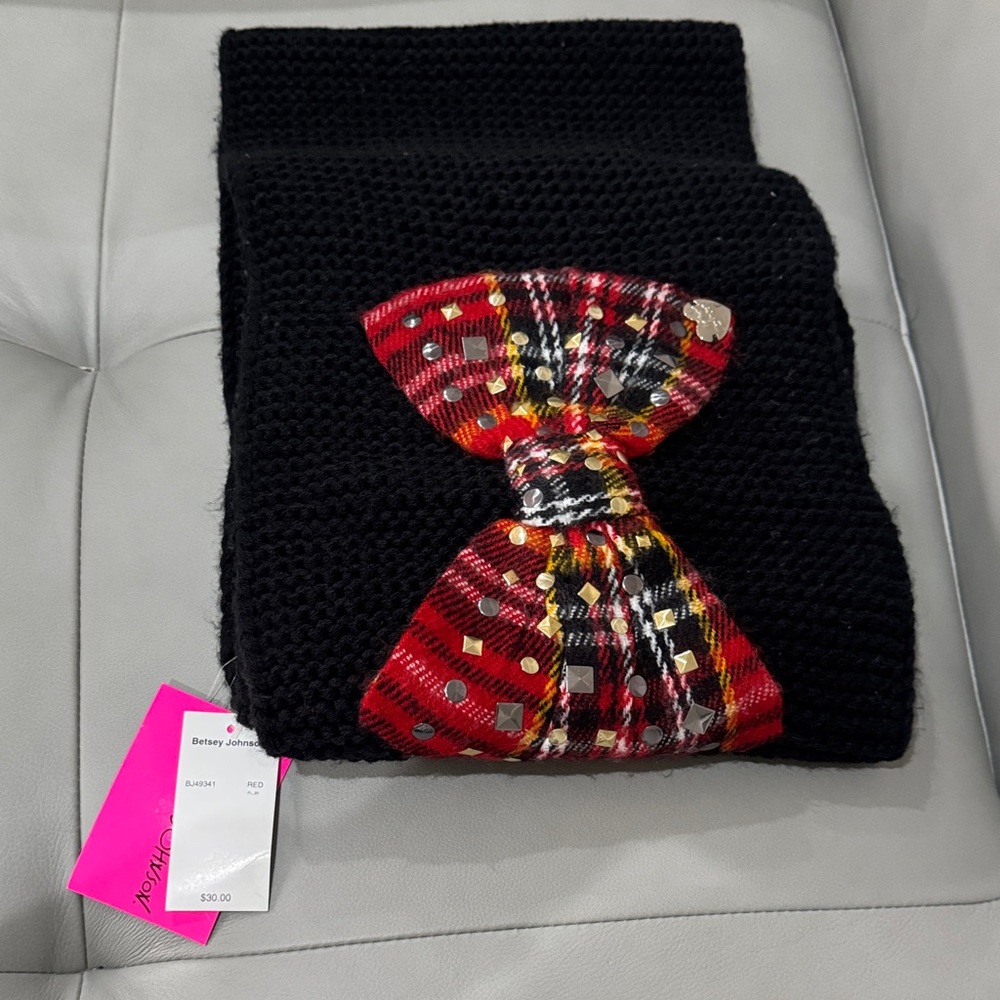 Betsey Johnson Black Knit Scarf with Red Patterned Bow